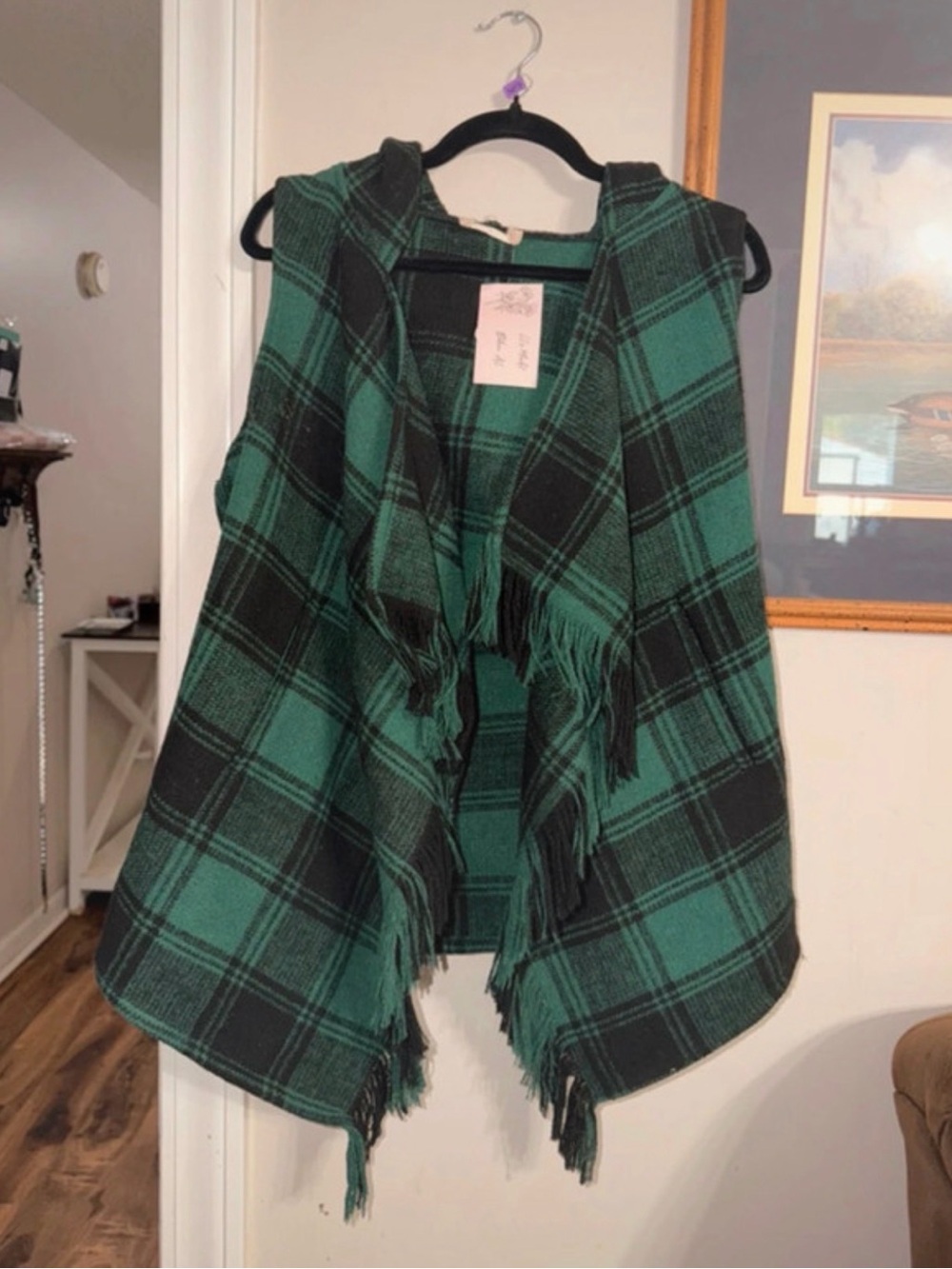 Altard State Plaid Fringe Hooded Vest - Green & Black - Small
